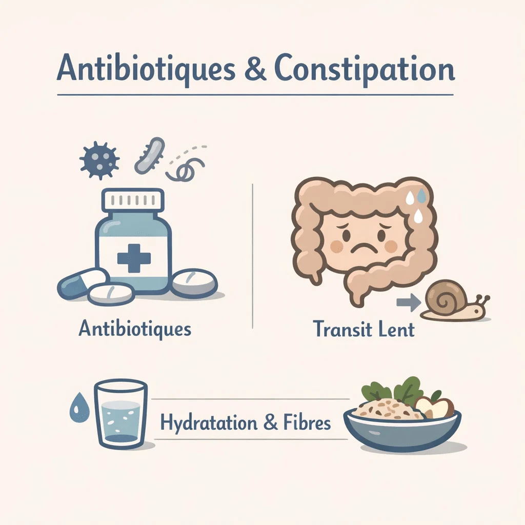 Lien entre antibiotiques et constipation, avec ses causes, ses solutions et quand s'inquiéter