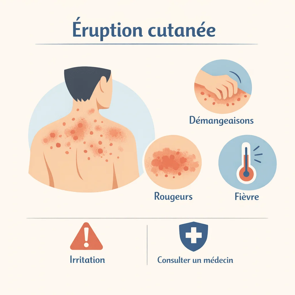 Éruption cutanée sur la peau avec ses causes, ses symptômes et la conduite à tenir