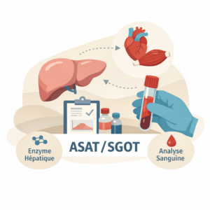 Foie stylisé et tubes de prélèvement sanguin évoquant le dosage de l'enzyme ASAT/SGOT