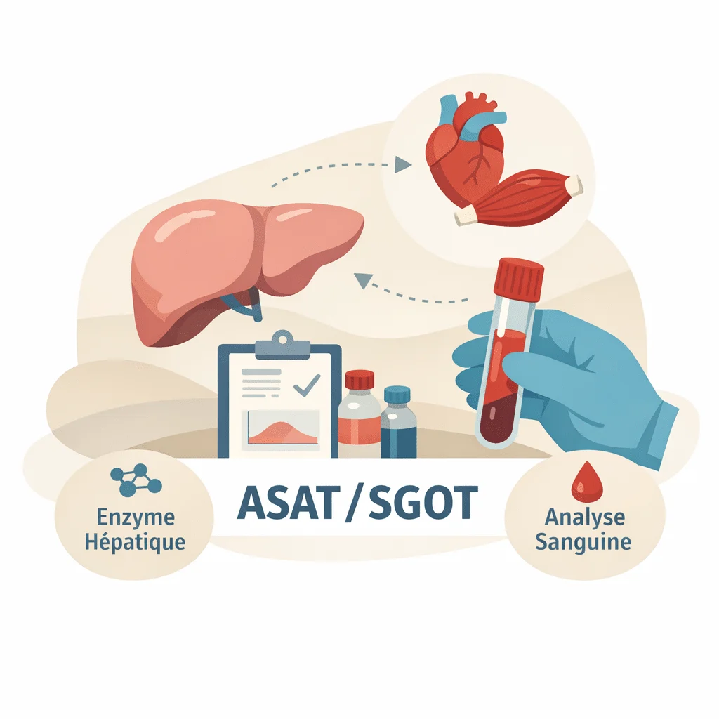 Foie stylisé et tubes de prélèvement sanguin évoquant le dosage de l'enzyme ASAT/SGOT