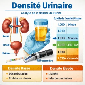 Densité urinaire mesurée à la bandelette pour évaluer la concentration des urines et l'hydratation