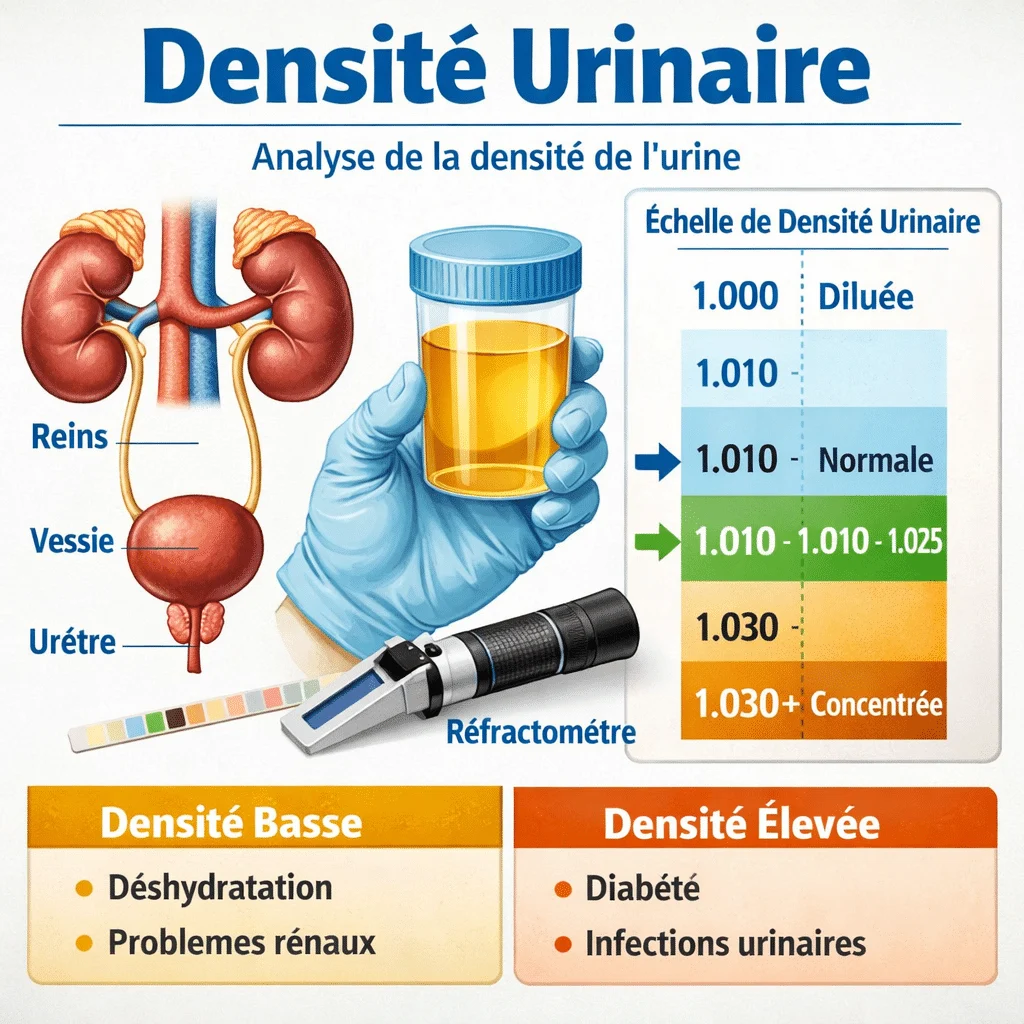 Densité urinaire mesurée à la bandelette pour évaluer la concentration des urines et l'hydratation
