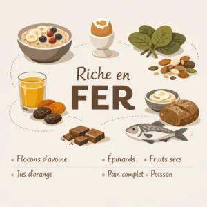 Petit déjeuner riche en fer avec des aliments pour refaire ses réserves et lutter contre l'anémie