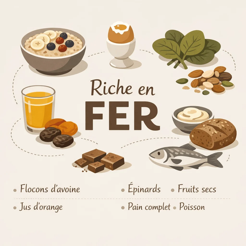 Petit déjeuner riche en fer avec des aliments pour refaire ses réserves et lutter contre l'anémie
