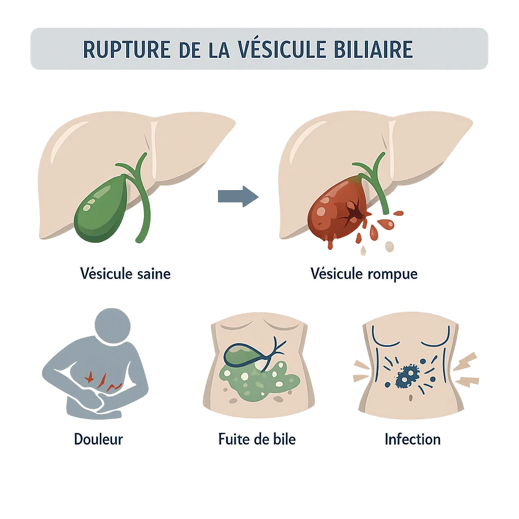 Rupture de la vésicule biliaire, urgence, avec ses symptômes et sa prise en charge