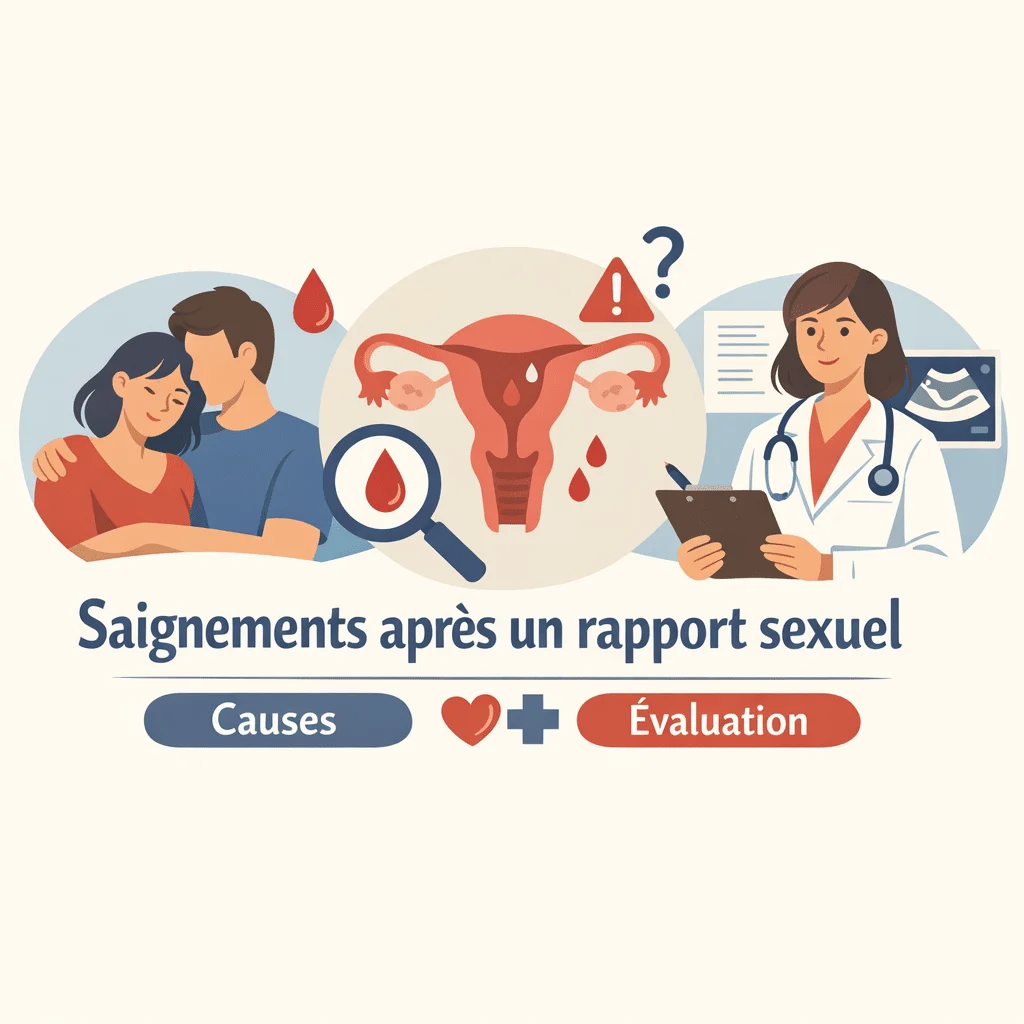 Femme en consultation médicale pour des saignements après un rapport sexuel, causes et examens possibles
