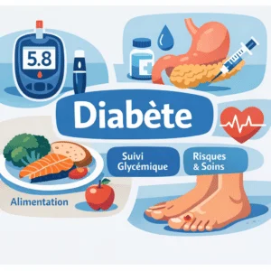 Diabète illustré par une mesure de glycémie au doigt et un bilan sanguin de l'hémoglobine glyquée HbA1c