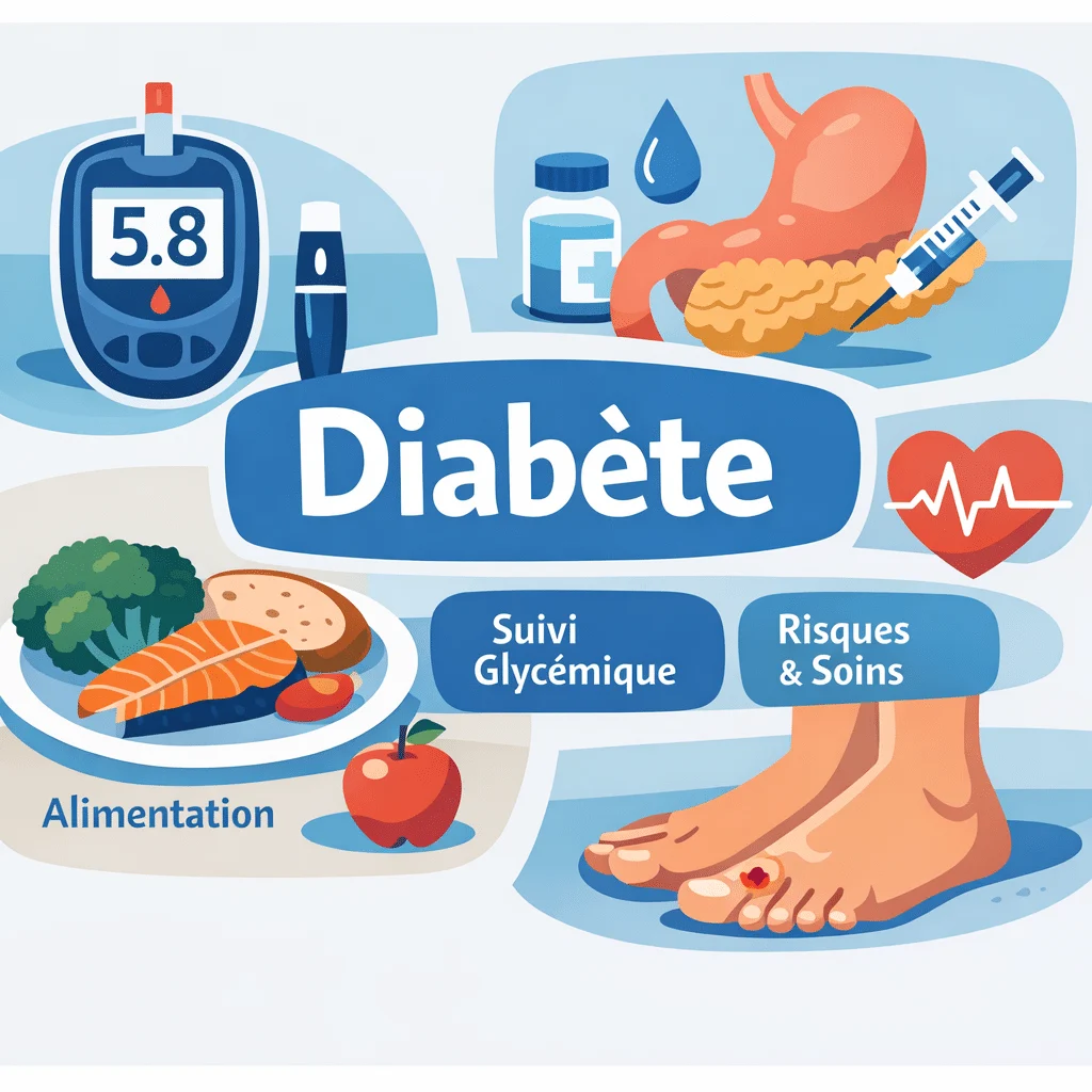 Diabète illustré par une mesure de glycémie au doigt et un bilan sanguin de l'hémoglobine glyquée HbA1c