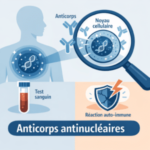 Illustration médicale d'anticorps antinucléaires ciblant le noyau d'une cellule humaine