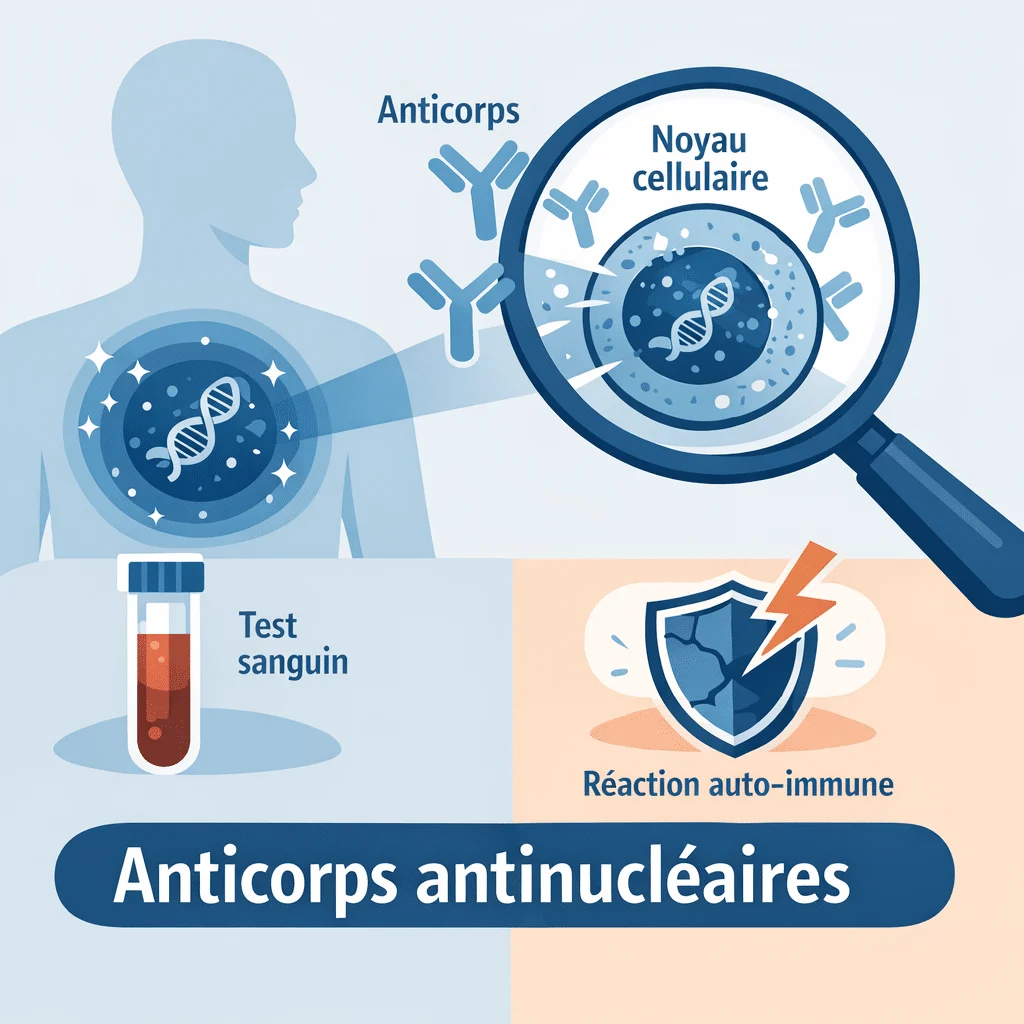 Anticorps antinucléaires ciblant le noyau d'une cellule humaine, recherchés lors d'un bilan auto-immun