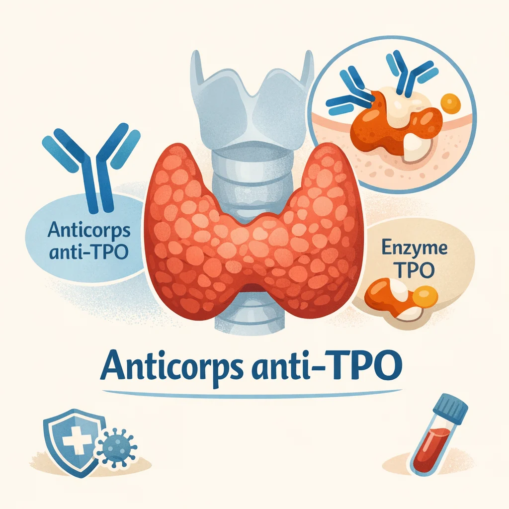 Glande thyroïde attaquée par des anticorps anti-TPO ciblant l'enzyme thyroperoxydase, schéma de la réaction auto-immune