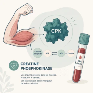 Tube de prélèvement sanguin et compte rendu d'analyse affichant un dosage de CPK