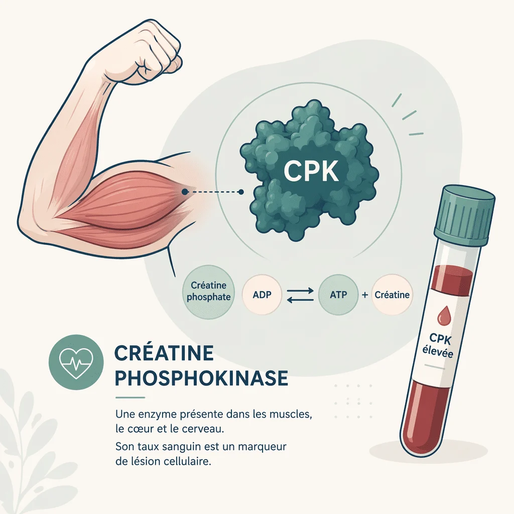 Tube de prélèvement sanguin et compte rendu d'analyse affichant un dosage de CPK