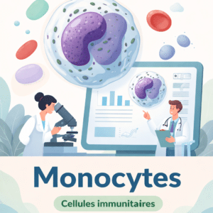 Vue au microscope d'un monocyte parmi d'autres globules blancs sur un frottis sanguin