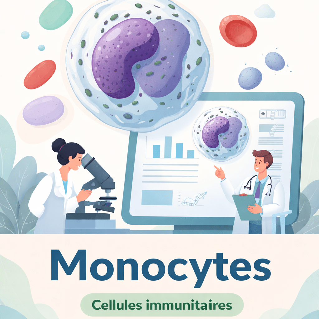 Vue au microscope d'un monocyte parmi d'autres globules blancs sur un frottis sanguin