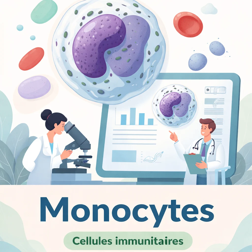 Vue au microscope d'un monocyte parmi d'autres globules blancs sur un frottis sanguin