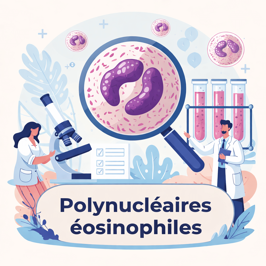 Polynucléaires éosinophiles, globules blancs aux granules rose-orangé caractéristiques de l'éosine