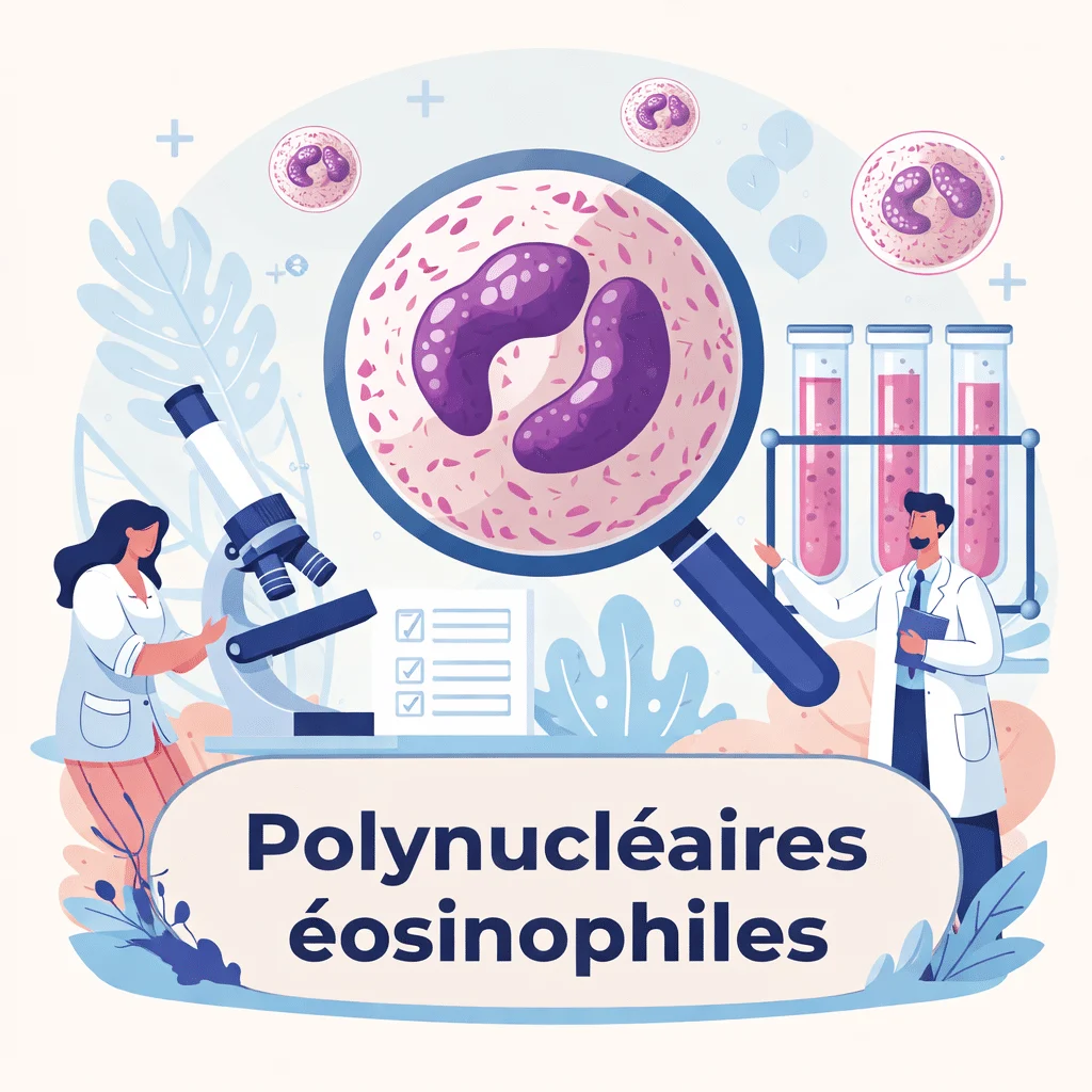 Polynucléaires éosinophiles, globules blancs aux granules rose-orangé caractéristiques de l'éosine