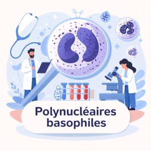 Polynucléaire basophile, globule blanc à granulations bleu foncé impliqué dans les réactions allergiques