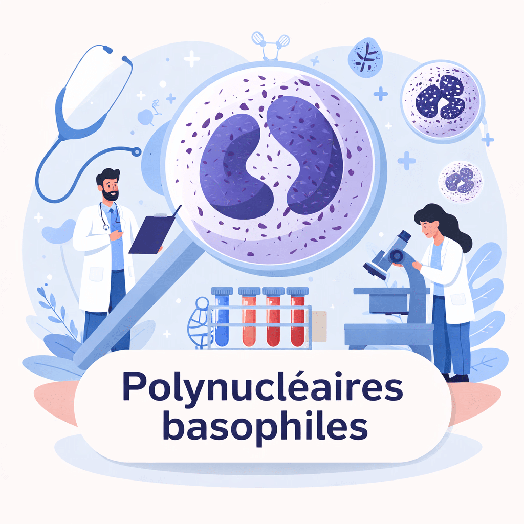 Polynucléaire basophile, globule blanc à granulations bleu foncé impliqué dans les réactions allergiques