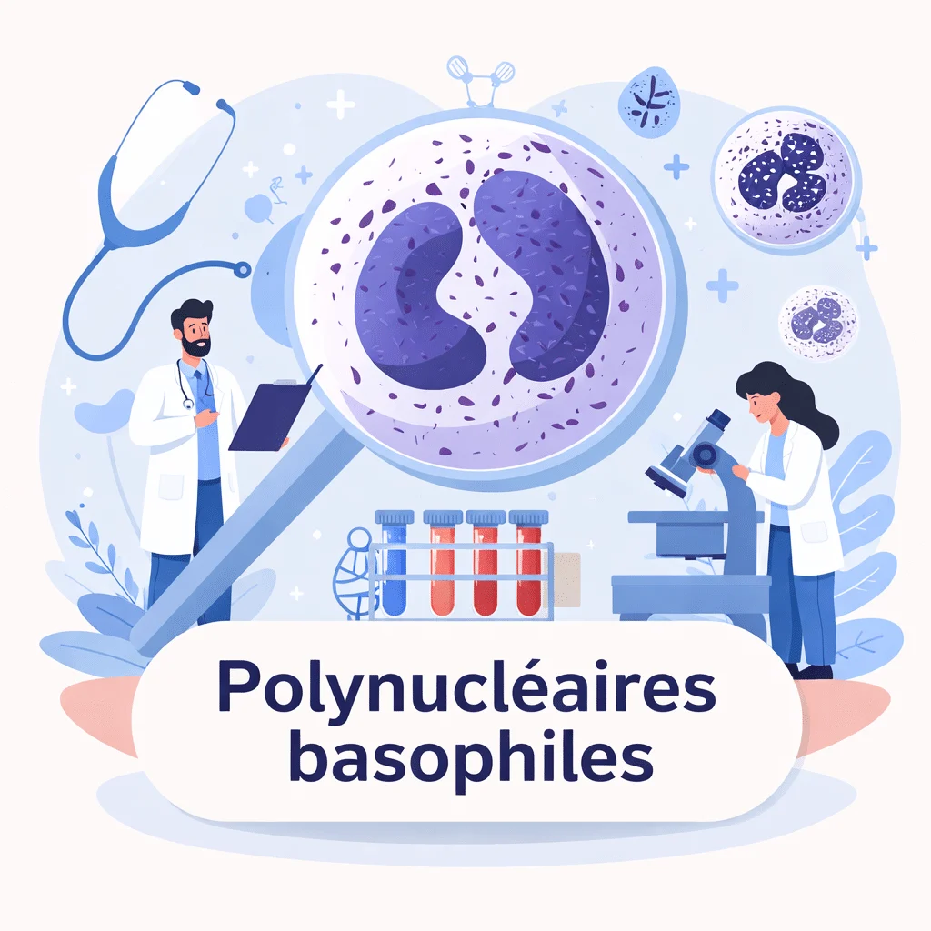 Polynucléaire basophile, globule blanc à granulations bleu foncé impliqué dans les réactions allergiques