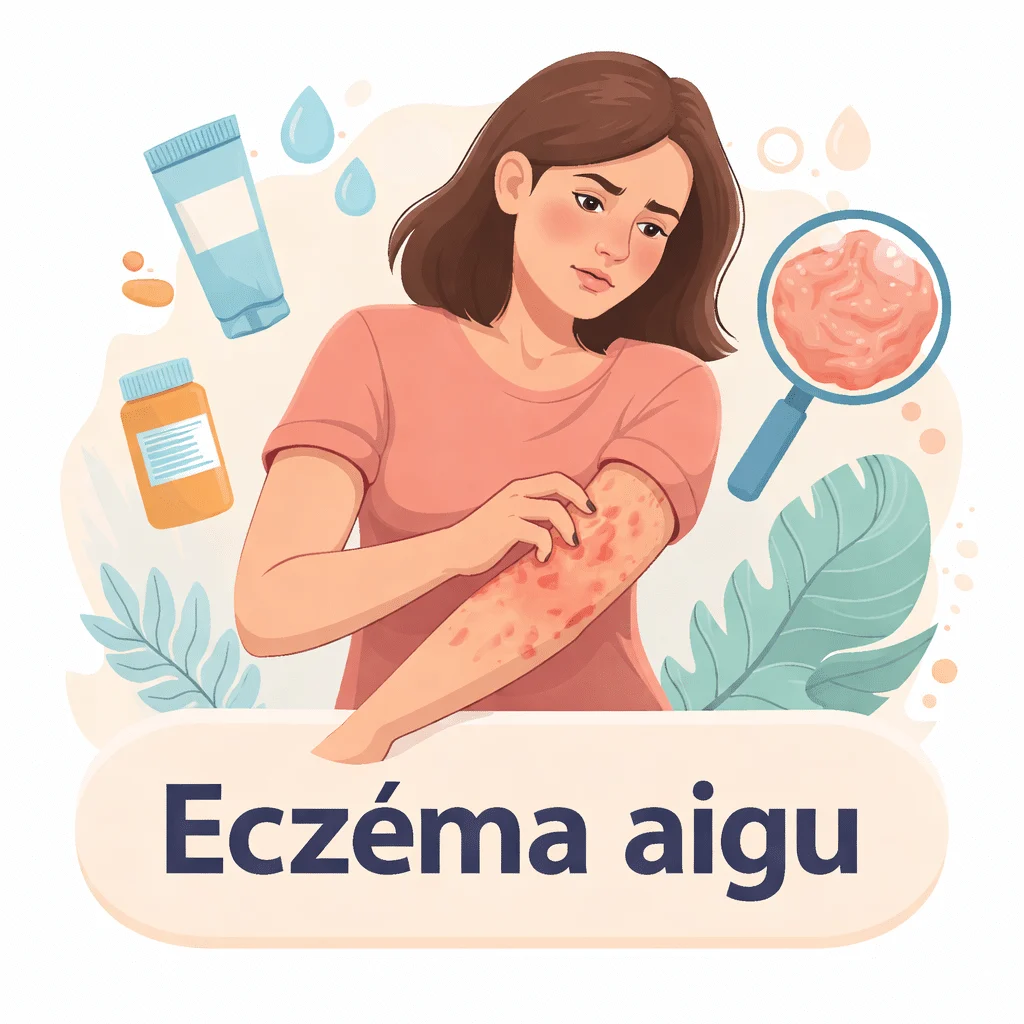 Eczéma aigu sur la peau avec plaques rouges et démangeaisons, causes et traitements