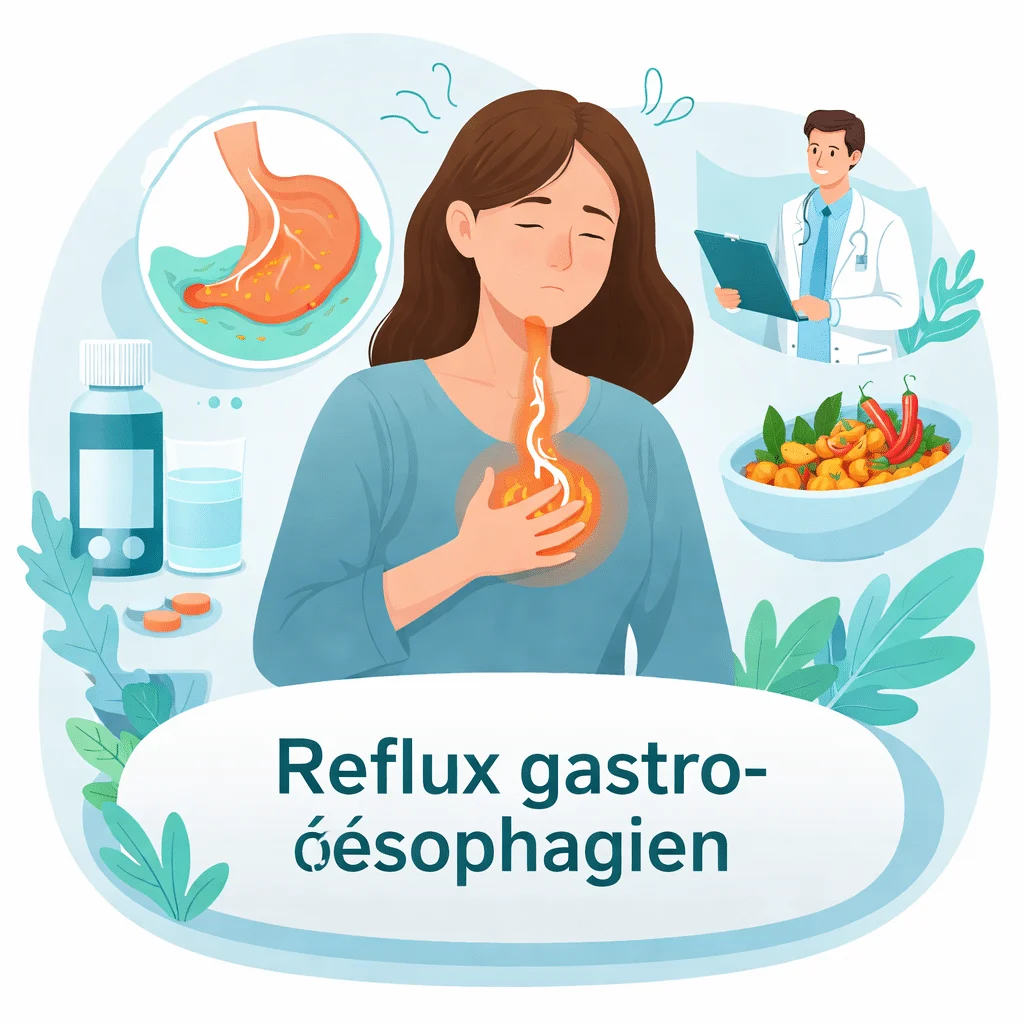 Reflux gastro-œsophagien avec remontées acides, symptômes et traitements