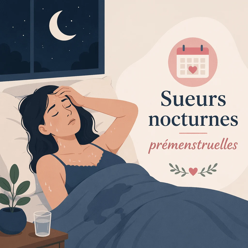 Femme allongée dans son lit la nuit illustrant les sueurs nocturnes prémenstruelles avant les règles