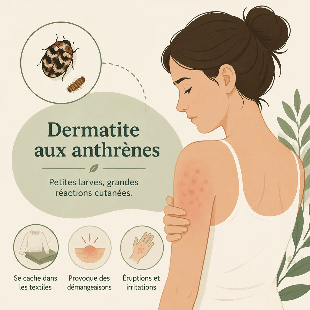 Dermatite aux anthrènes, réaction cutanée aux larves de coléoptères, avec ses symptômes et ses traitements