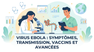 Virus Ebola au microscope avec prise de sang sérologique pour diagnostiquer la fièvre hémorragique