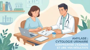 Cytologie urinaire au microscope recherchant des cellules anormales dans un échantillon d'urine