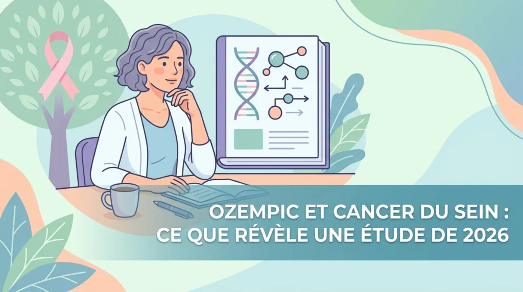 Ozempic et risque de cancer du sein illustrés par un stylo injecteur de sémaglutide et une mammographie