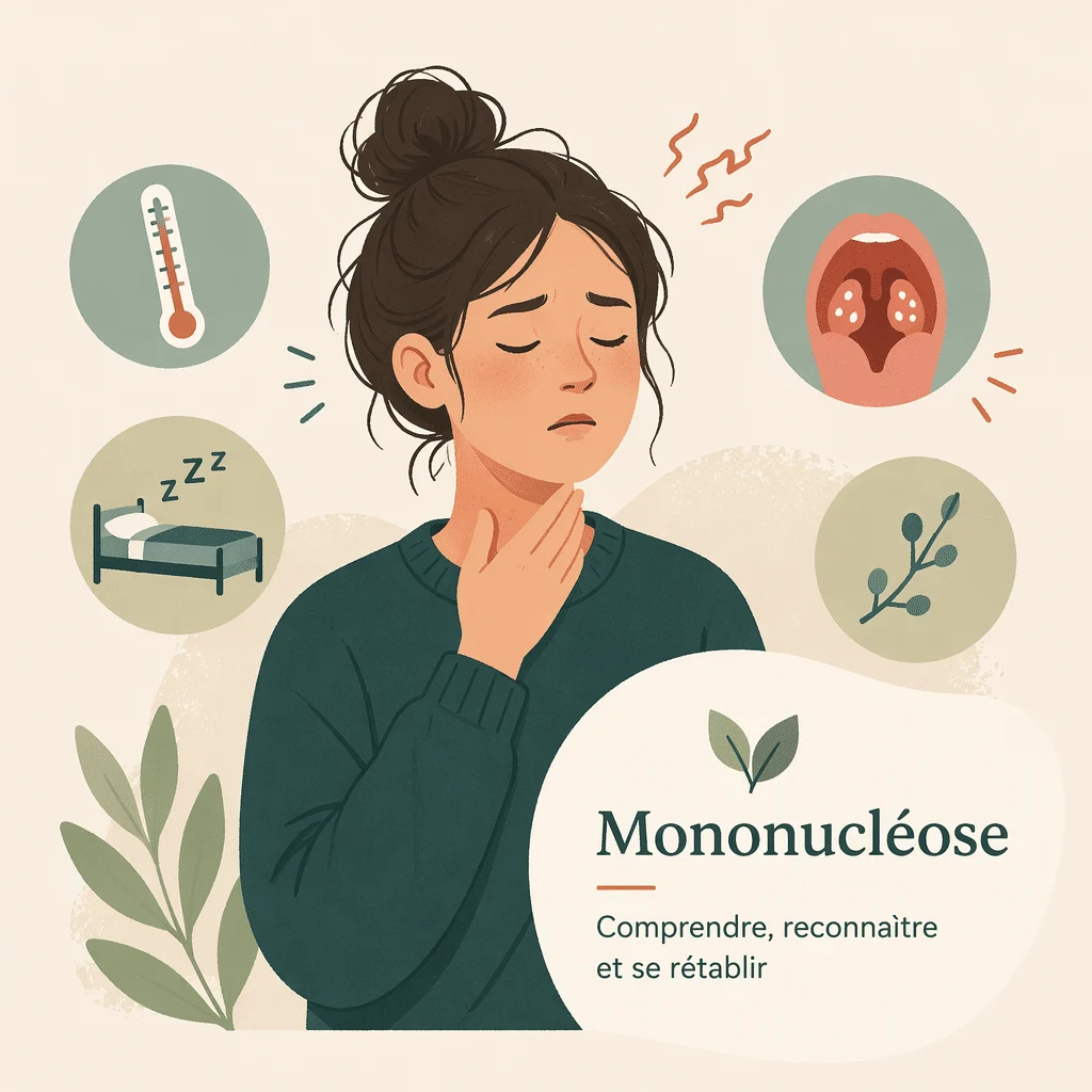 Mononucléose : jeune femme fatiguée touchant sa gorge, virus Epstein-Barr et ganglions enflés