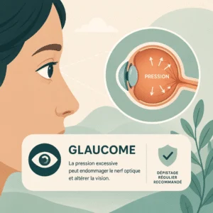 Glaucome : schéma de l'œil montrant la pression intraoculaire et l'atteinte du nerf optique