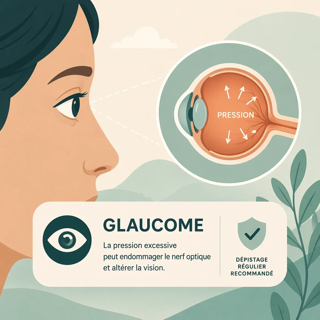 Glaucome : schéma de l'œil montrant la pression intraoculaire et l'atteinte du nerf optique