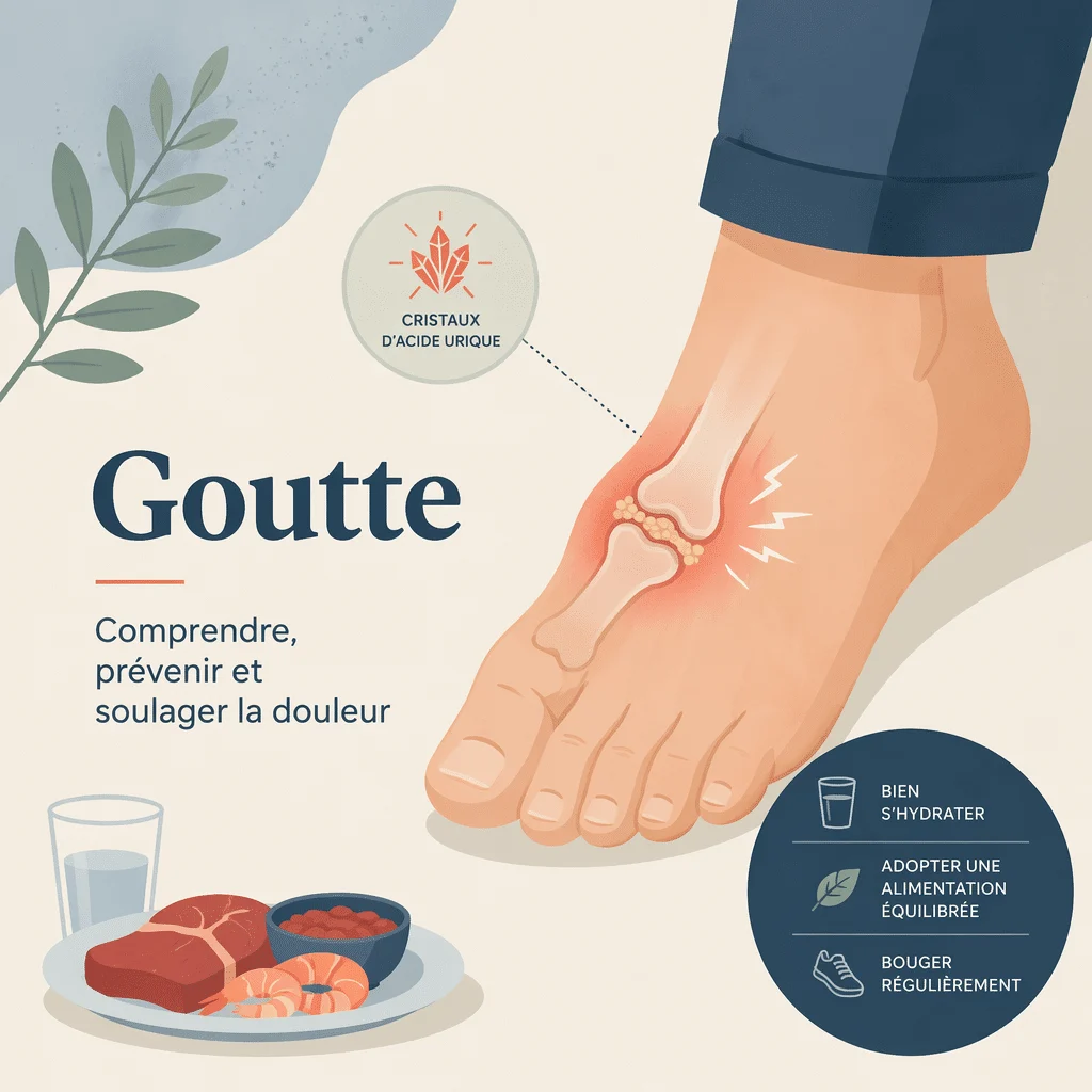 Goutte, arthrite liée à l'acide urique, avec ses symptômes, sa crise, ses causes et ses traitements