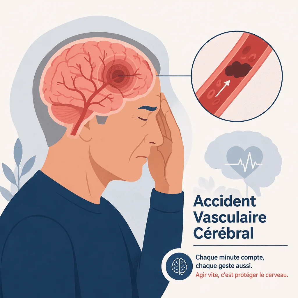 Accident vasculaire cérébral : illustration médicale des signes FAST et de l'urgence à appeler le 15