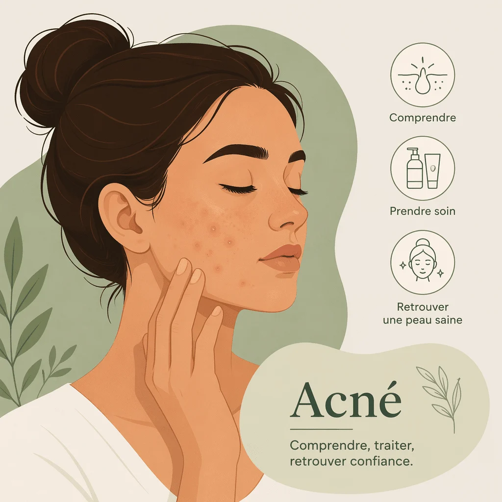 Peau du visage marquée par l'acné avec boutons, points noirs et rougeurs inflammatoires