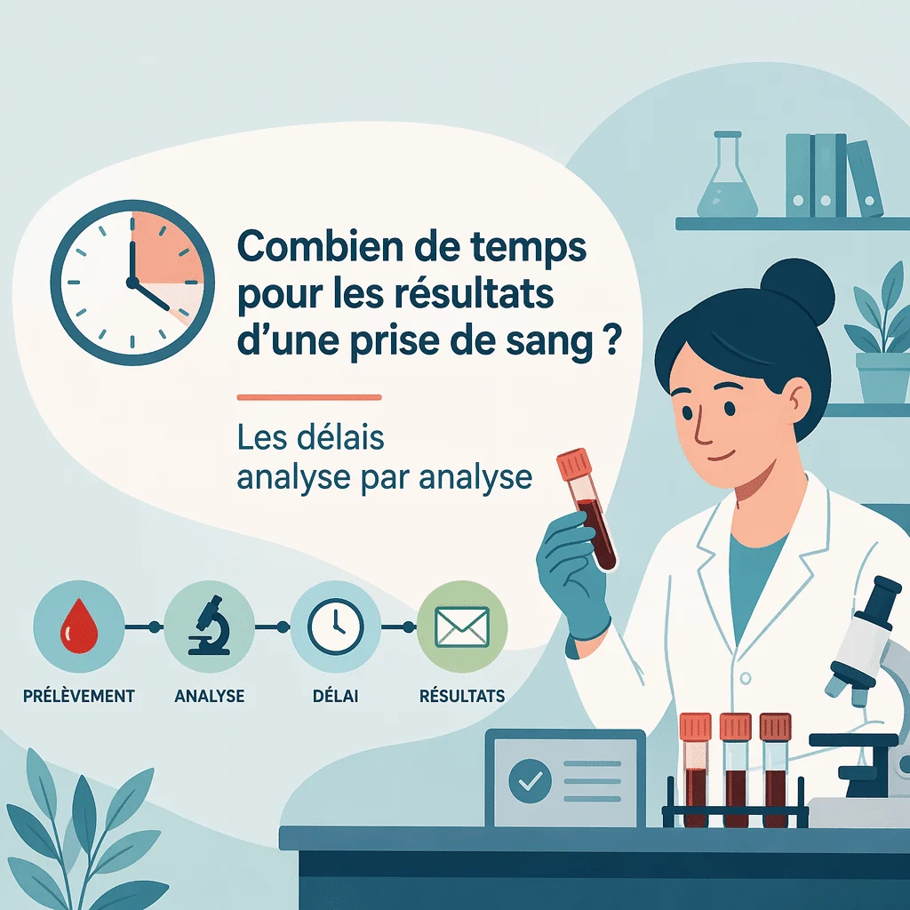 Délai des résultats d'une prise de sang illustré par une horloge et des tubes au laboratoire d'analyses