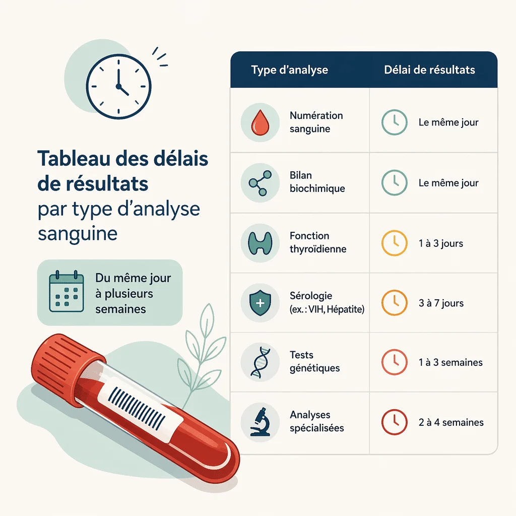Délais des résultats d'analyses de sang, examen par examen