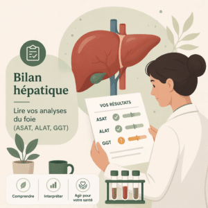 Bilan hépatique mesurant ASAT, ALAT et GGT dans le sang pour évaluer le fonctionnement du foie