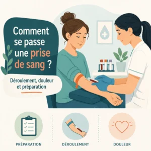 Déroulement d'une prise de sang avec garrot, aiguille et tube de prélèvement au pli du coude