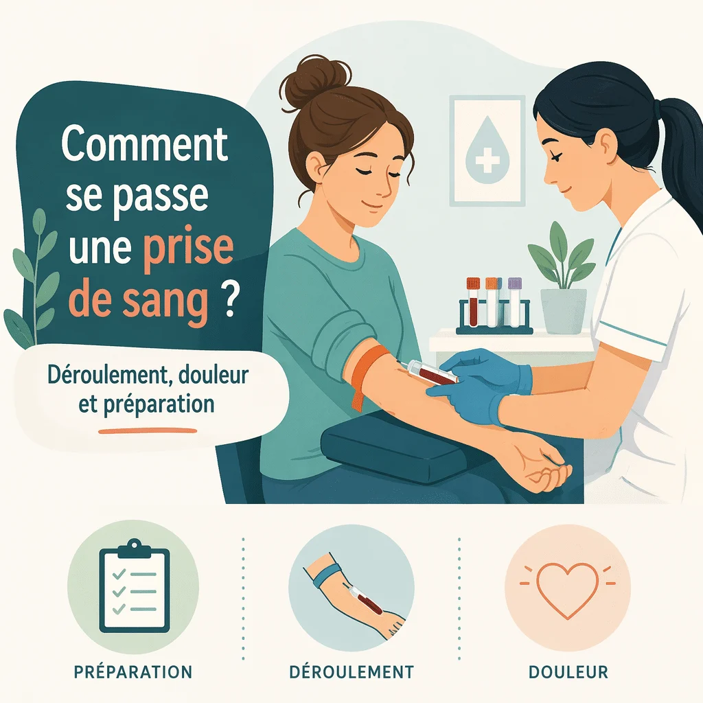 Déroulement d'une prise de sang avec garrot, aiguille et tube de prélèvement au pli du coude