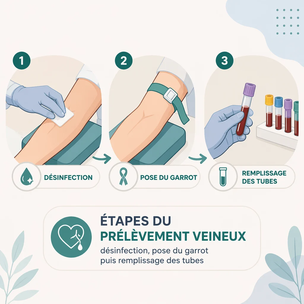 Prélèvement d'une prise de sang : garrot, tubes et compression
