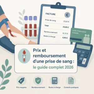 Prix et remboursement d'une prise de sang illustrés par une feuille de soins et des tubes de prélèvement