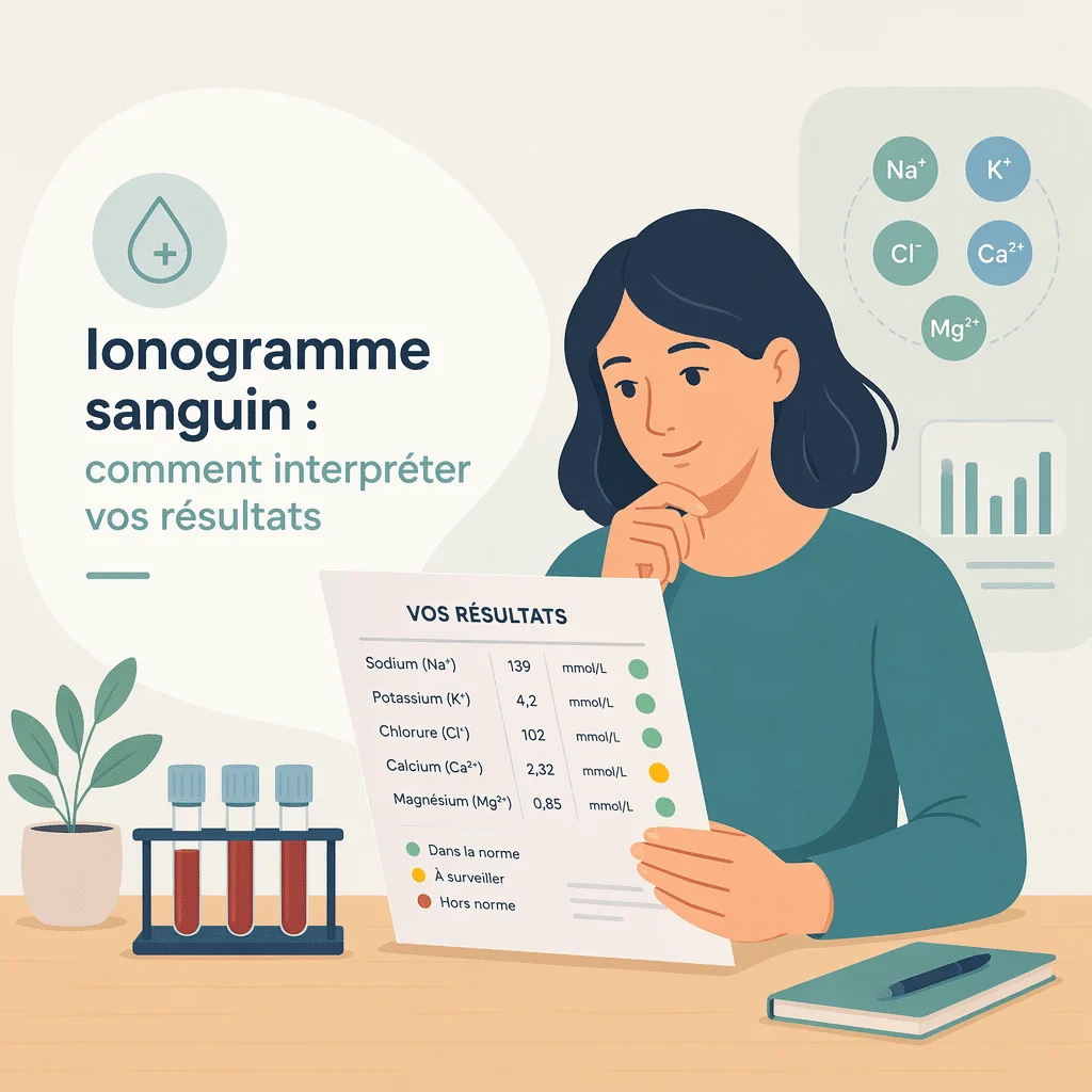 Ionogramme sanguin mesurant sodium, potassium et chlore pour l'équilibre hydroélectrolytique