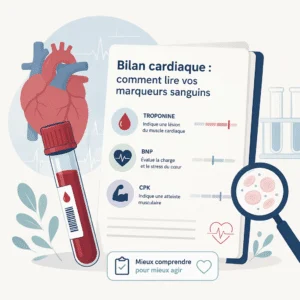 Bilan cardiaque dosant troponine, BNP et CPK dans le sang pour évaluer le fonctionnement du cœur