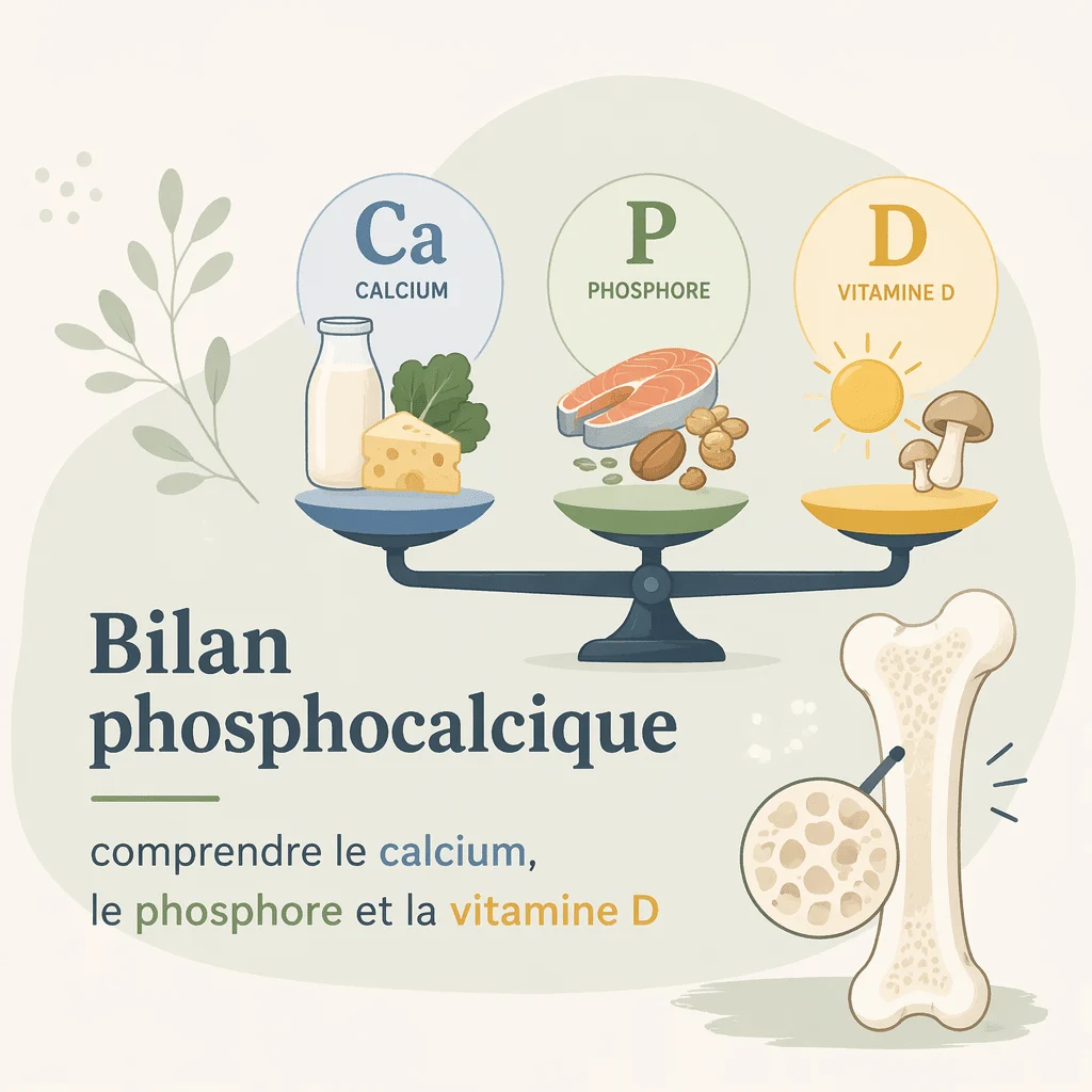 Bilan phosphocalcique mesurant calcium, phosphore et vitamine D dans le sang pour la santé osseuse