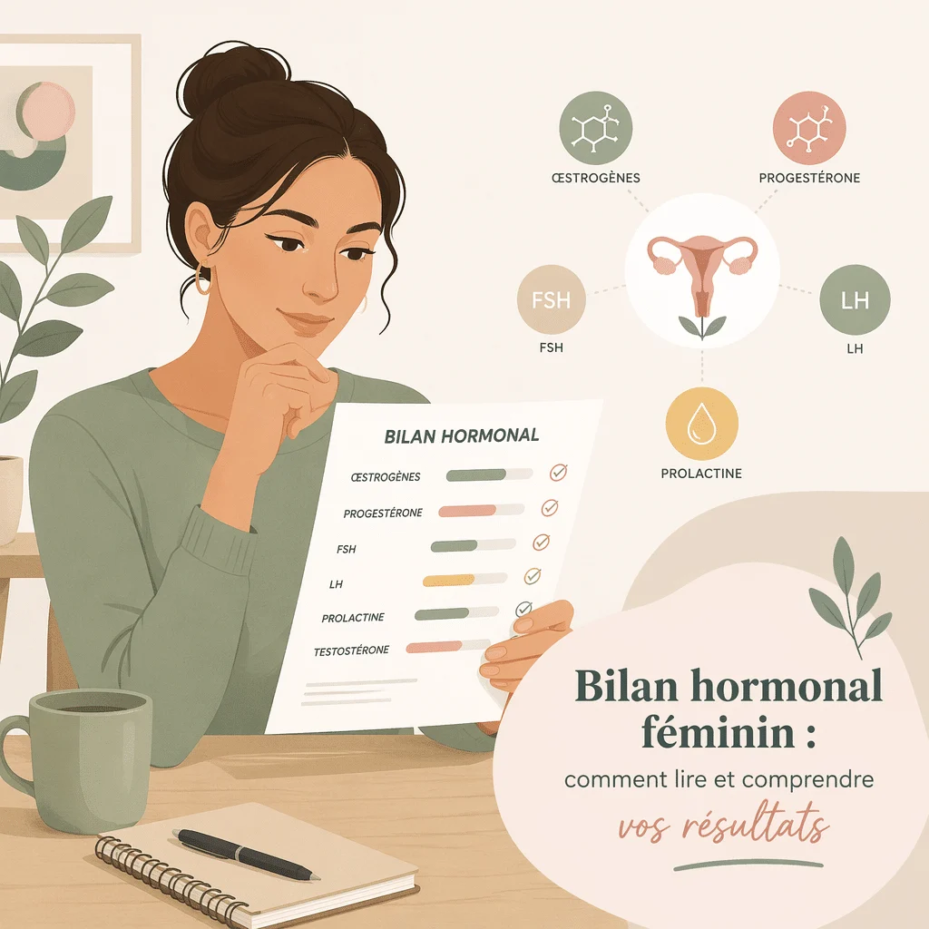 Bilan hormonal féminin dosant FSH, LH, œstradiol et progestérone au fil du cycle par une prise de sang