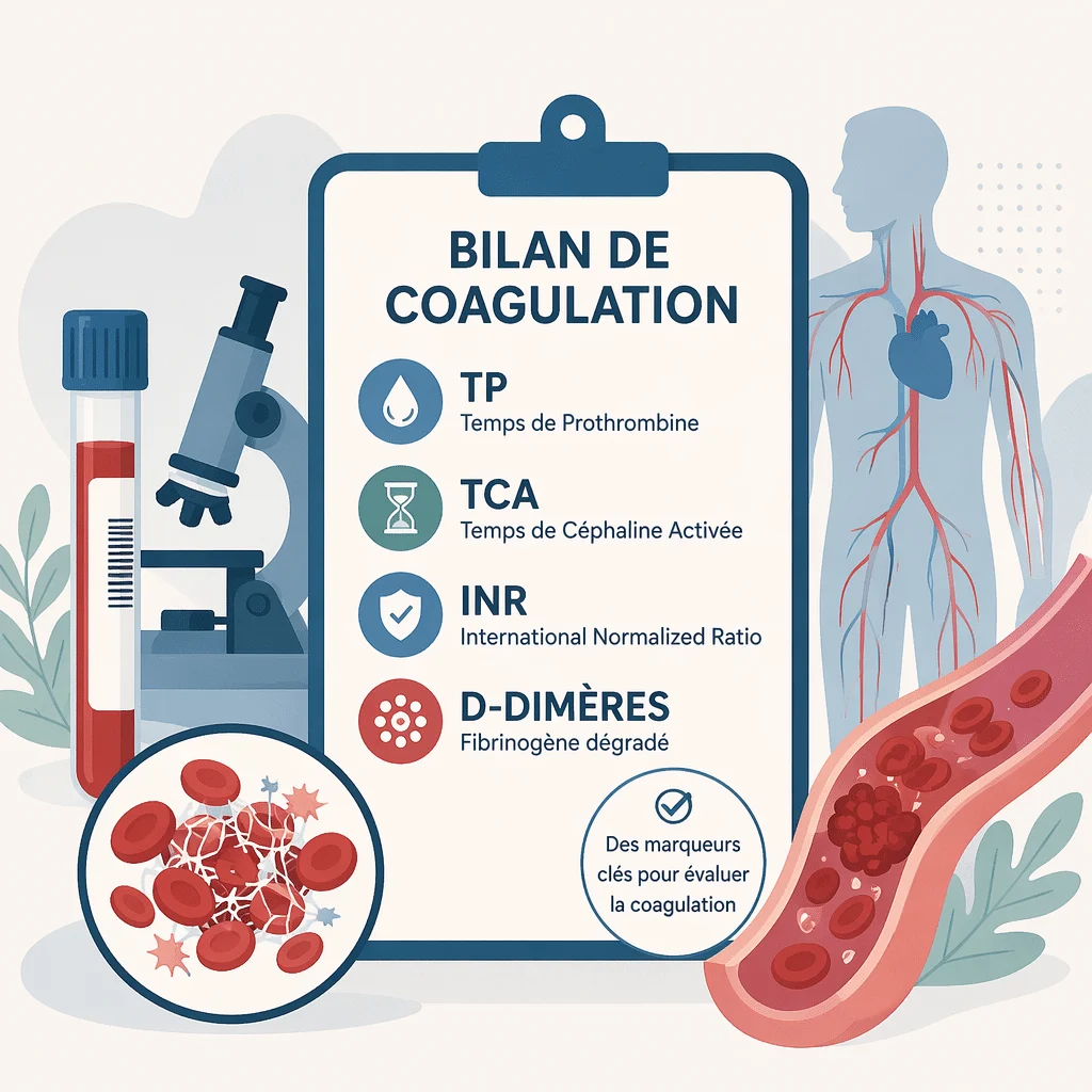 Bilan de coagulation mesurant TP, TCA, INR et D-dimères dans le sang pour évaluer l'hémostase